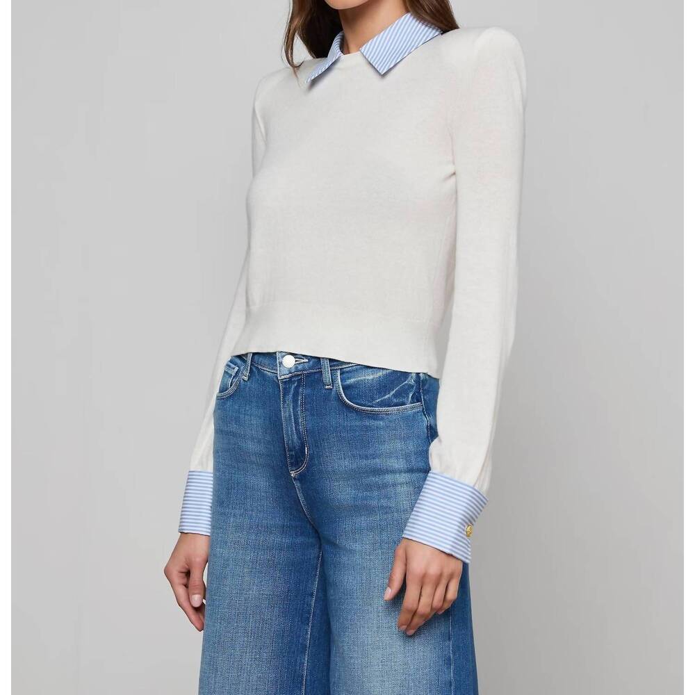 NEW L'AGENCE april poplin collar pullover in white blue stripe - Picture 3 of 6